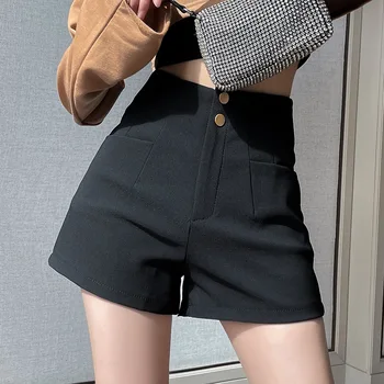 Korejas Modes Outwear Melnās Bikses Sievietēm Augstas Starām. Bikses-line Grunts Bikses Sieviešu Vienkārša Ikdienas Tērps Plaša Kāju Šorti