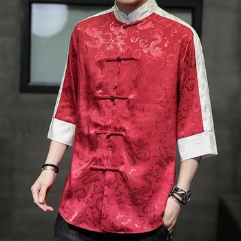 Ķīniešu Tradicionālā Retro Mētelis Plus Lieluma Īsām Piedurknēm Krekls Melns Drukas Pūķis Tang Tērps Mandarīna Apkakles Jaka Austrumu Krekls