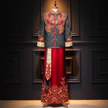 Retro Cilvēks Izšuvumi Pūķis Tang Uzvalks Ķīniešu Stilā Tradicionālo Mūsdienu Cheongsam Kāzu Kleita