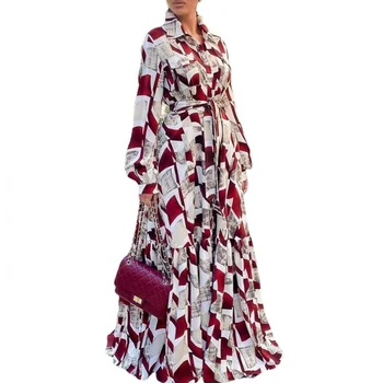 Āfrikas Krekls Maxi Kleita Sievietēm Ar Augstu Vidukli, Pilna Piedurknēm Halāti Pavasara Jaunu Modes Drukāt Elegants Streetwear Āfrikas Kleitas Vestidos