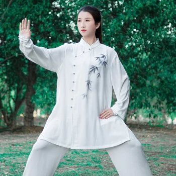 Ušu Apģērbu, Tai Chi, Drēbes, Cīņas Mākslas Vienotu Kung Fu Kleita Meitene Sievietes Baltā Kun Master 2023 Jaunu Stilu Drukāšanas Bambusa Lapu