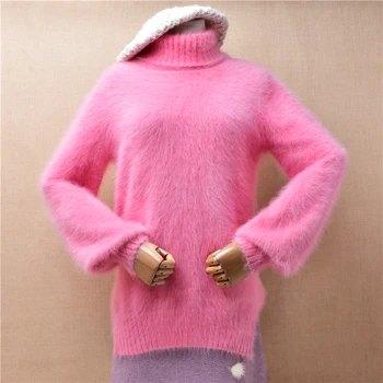 Dāmas Sieviešu Krist Ziemas Apģērbu Sweet Pink Matains Ūdeļu Kašmira Adīta Augstu Uzrullētu Apkakli Sadalīt Slim Blūzes Džemperi Džemperis Džemperis