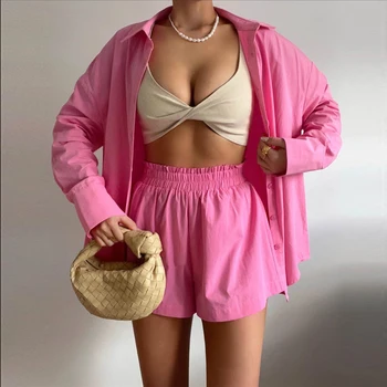 Vasaras Apģērbs Sievietēm 2023 Beach Kleita Peldkostīms Divas Gabals Tīru Krāsu Vienotā Krūtīm, Atloks, Krekls Ar Garām Piedurknēm Šorti Brīvs