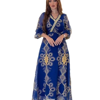 Zelta Izšuvumi Ziedu Zilā Šifona Kleitas Acs Dubajas Arābu Luksusa Dimanta Moderns, Elegants Tikšanās Sievietes Abaya Musulmaņu Kleita