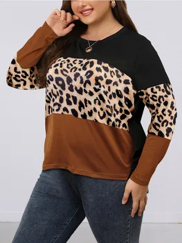 T-krekls rudens atpūtas izšūšanas iespiests ar garām piedurknēm top plus lieluma sieviešu apģērbu