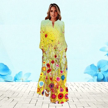 WAYOFLOVE Pavasara Rudens Sieviete Vintage garām Piedurknēm Kleita Elegants Puse Holiday Beach Gadījuma Vestidos 3D Drukas V Kakla Garās Kleitas