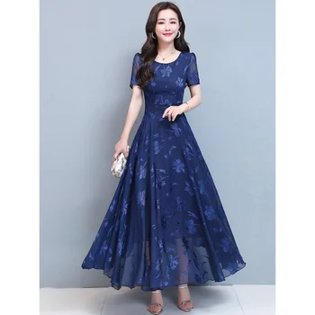 Vintage Blue Drēbes Sievietēm 2023 Maxi Kleita Šifona Ziedu Puse Elegants Boho Vasaras Korejas Modes Ilgi, Elegantas Vakara Kleitas