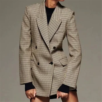 Britu Retro Stila Pleds Žakete Uzvalks Ir 2021. Sievietes Vienkārši Vidum Garums Dubultā Krūtīm Ikdienas Biroja Bleizeri Dāma Darba Apmainīt Uzvalks