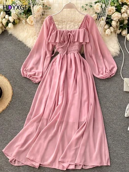 Vintage Savirmot Laukumā Apkakles Maxi Kleitas Sieviešu 2023 Cietā Šifona Puff Piedurknēm Kleitas Korejas Modes Šiks Elegants Vestidos