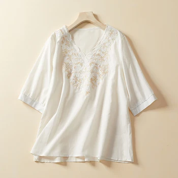 kokvilnas veļa Sieviešu Krekls Vasaras 2023 ar jaunajām Izšūšanas Vintage Blūzes Zaudēt Īsām Piedurknēm top V-veida kakla dāmas Apģērbu YCMYUNYAN