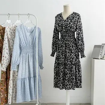 Rudens Pavasara Šifona Kleita Sievietēm Gadījuma Dresse Vestidos Modes Sieviešu Iespiests Ziedu garām Piedurknēm V-veida kakla-line Midi Kleitas