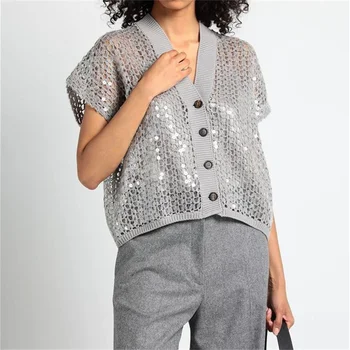 Sieviešu Džemperis 2023 Rudens Tendence korejas Modes Sequin Apdare Trikotāžas Jaka Elastīga Dobi bez Piedurknēm Top Y2k Apģērbi