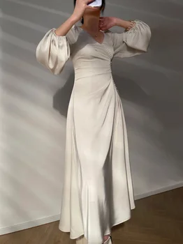 2023 jaunu Elegantu Kleitu Par Sieviešu V Kakla Laternu Piedurknēm Augsta Vidukļa Cietā Ruched Minimālisma Midi Kleitas, Sieviešu Apģērba Stilu