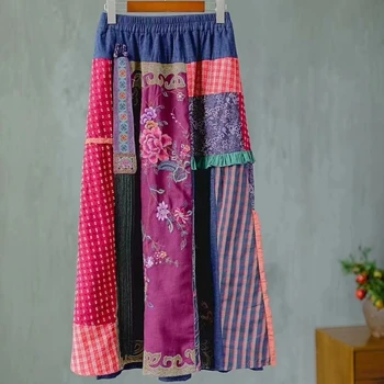 Augstas kvalitātes Sieviešu svārki Izšūtām Kokvilnas veļu, ilgi svārki Vintage Pušķis elastīgs viduklis Raibs svārki Rudens drēbes dāmas