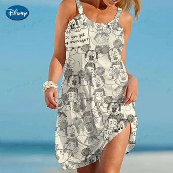 Disney Minnie Mickey Mouse Beachwear 3D Drukas Sieviešu Piedurknēm Pavada Kleitas Boho Vintage Beachwear Meitenes Modes Puse Kleita