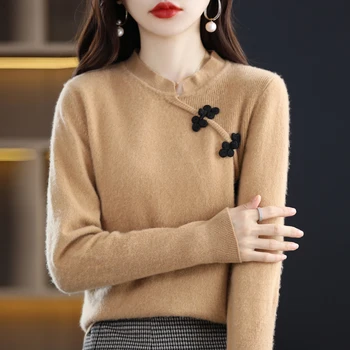 Rudens Ziemas 100% Vilnas Džemperis Dāmas O-veida kakla Retro Pulovers Jauna, Ķīniešu Stila Augšas Gadījuma Adīt Modes Kašmira Džemperis