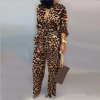 Sexy iespiesti leopards drukāt ilgi piedurknēm jumpsuit