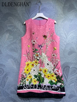 DLDENGHAN Pavasara Vasaras Sieviešu Žakarda Kleita O-veida Kakla Piedurknēm Kristāla Frēzēšana Ziedu Drukāt Vintage Tvertne, Mini Kleitu Modes Jauns
