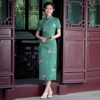 Vintage Modes Iespiesti Qipao Zaļš, Garums Ķīnas Sexy Kleita pieguļoša Sieviešu Elegants Cheongsam Plus Izmērs 3XL Vestidos