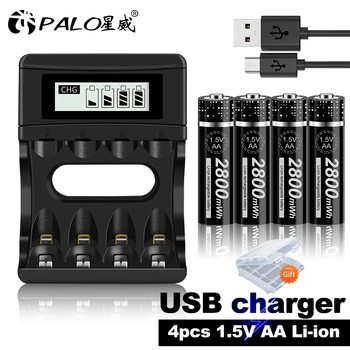 PALO 1,5 V AA Li-ion Baterijas+1,5 v 2800mWh Uzlādējams Litija Baterijas LCD Smart 1,5 V Litija Baterija, Lādētājs