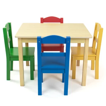 BOUSSAC Sākumskolas Bērniem Koka Galds Un 4 Krēsli noteikt, dabīga Koka/Primāro