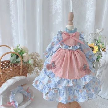 BJD Lelles Apģērbu, kas Piemērots 1/3 1/4 1/6 izmērs, Rozā krāsā ar garām Piedurknēm izšūšanas ziedu kleitu Lelle Piederumi (svārki + galvassegu)