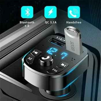 Bluetooth Versija 5.0 FM Raidītājs Auto Spēlētājs Komplekts Auto Lādētājs Ātri Ar QC3.1 Dual USB Voltmetrs & AUX IN/OUT DC 12/24V