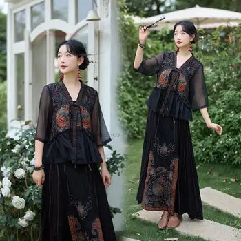 2023 ķīnas vintage blūze valsts ziedu izšuvumi tang uzvalks, sievietēm, etniskajām mežģīņu piedurknēm raibs blūze austrumu blūze brīvs