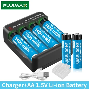 PUJIMAX 1,5 V Litija jonu Akumulatora Lādētājs LED Displejs+3400mWh AA 1,5 V Litija Akumulatorus Tālvadības Rotaļlieta Lukturīti