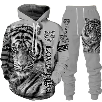 Jaunu Dzīvnieku 3D Tiger Iespiesti pelēkā vārna + Bikses Uzvalks Forši Vīrieši/Sievietes 2 Gab Sportwear Tracksuit Uzstādīt Rudenī Un Ziemā, Vīriešu Apģērbs